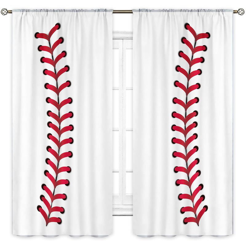 Cinbloo Boys Baseball Curtains Rod Pocket 42W x 63L Inch Sports Red Baseball Wall Decor for Kids Men Baseball Texture Teen Nursery Cool Art Printed Bedroom Living Room Window Drapes Fabric 2 Panels - Image 1